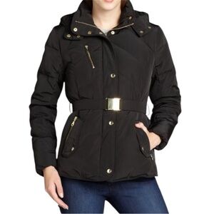 EUC : COLE HAAN Women's Belted Puffer Quilted Coat Mid length Medium Black Gold
